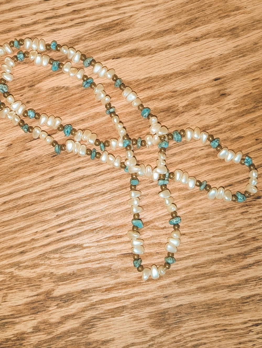Talbot's Long Necklace, Faux Freshwater Pearls/Turquoise/Antique Brass